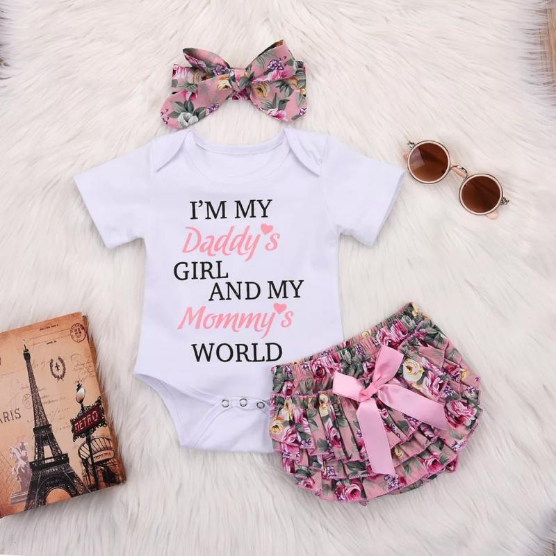 Girls Cotton Printing Romper + Multi-layer Lace Floral Pp Pants Three-piece Suit