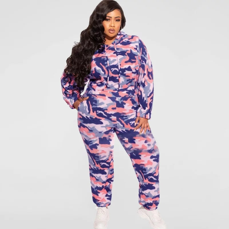 Plus Size 2 Piece Set Women Pullover Hooded Tops Outfits