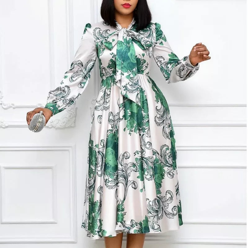 Printed Dresses with Bowtie Collar Pleated High Waist Midi Dress