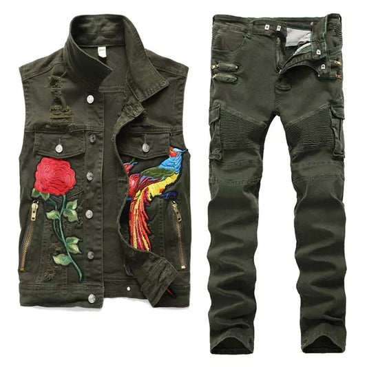 Men Clothes Hole Ripped Denim Vests Pants