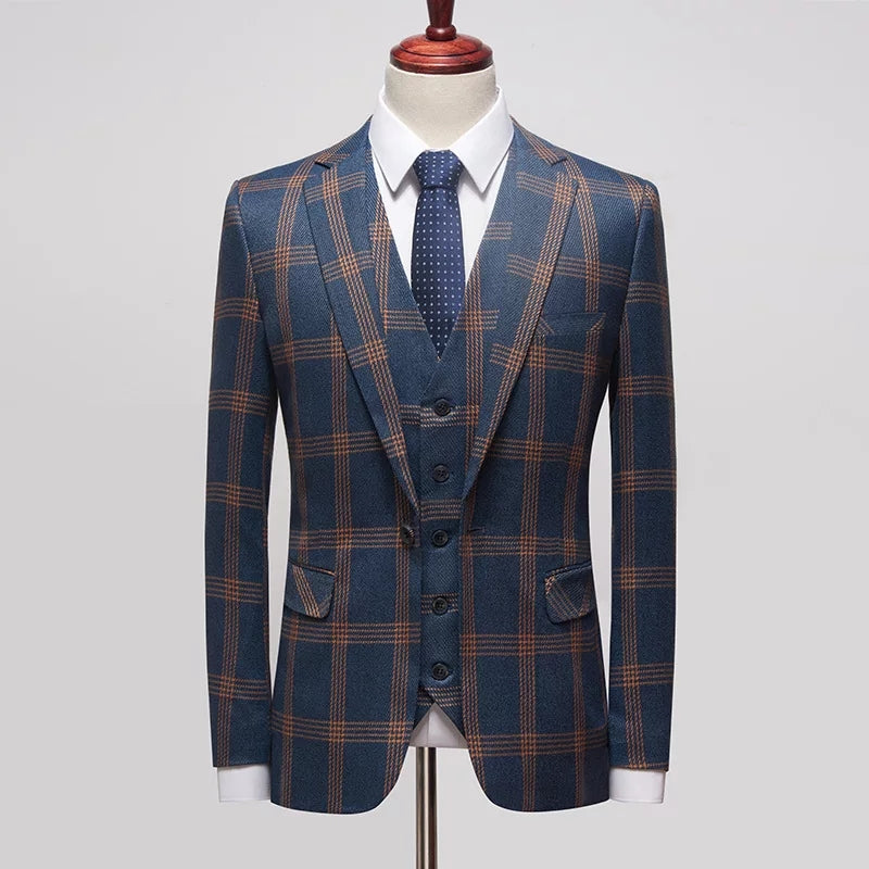 High Quality Business Plaid Slim Fit Formal Dress Blazers Trousers