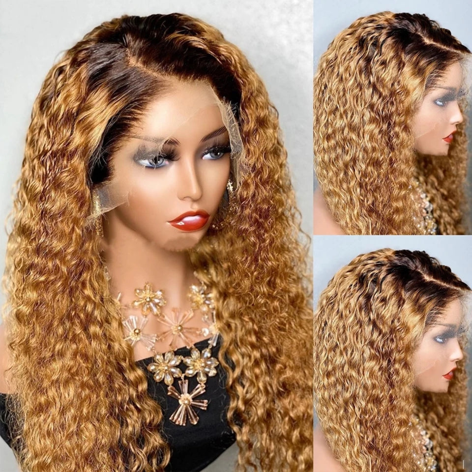 13x4 T Part Wig Ombre  Brazilian Human Hair Wigs Honey Blonde Natural Curly