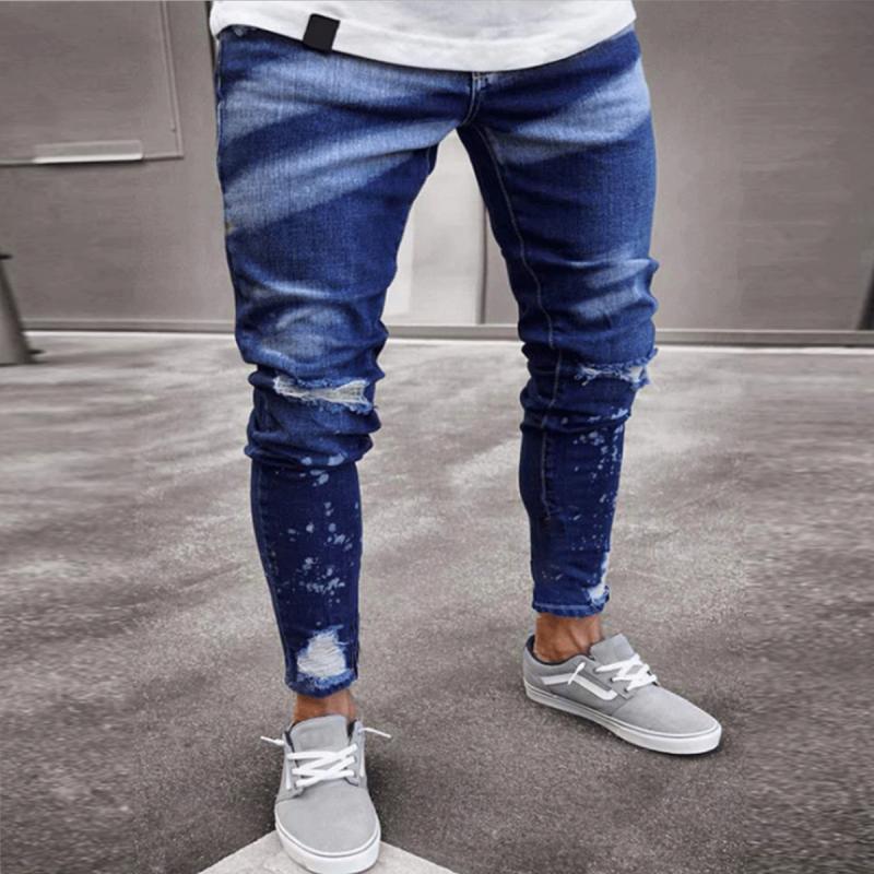 the united states men' denim trousers hole grinding white denim trousers of cultivate one' morality fashion leisure feet pants men