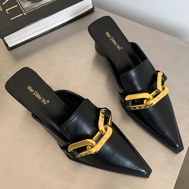 Women Pointed Toe Slippers White 5cm Block High Heels