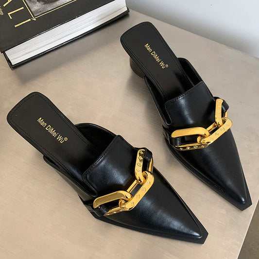 Women Pointed Toe Slippers White 5cm Block High Heels