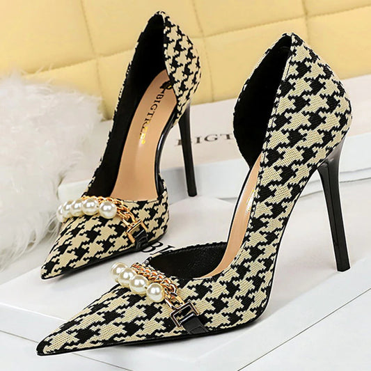11cm Stiletto High Heels Pearl Apricot Pumps Pointed Toe Checkered Pumps