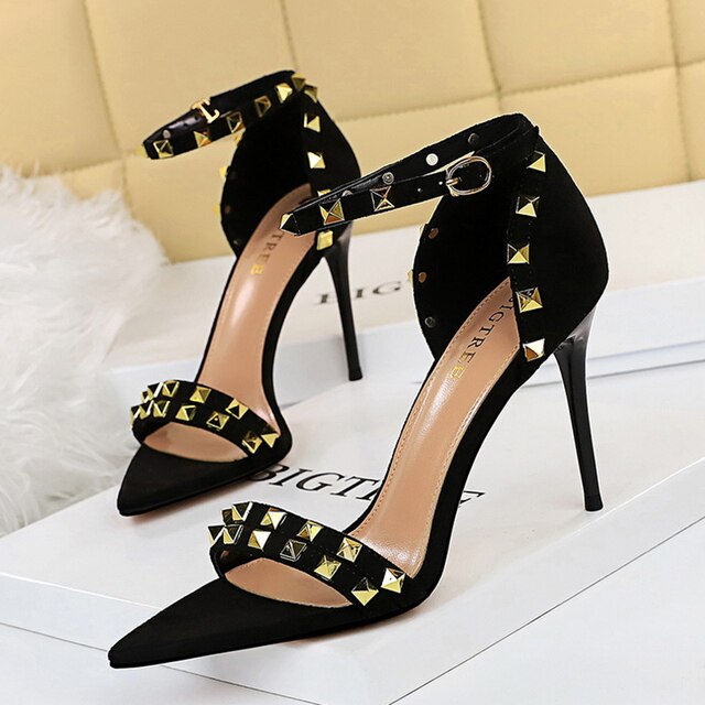 9.5cm High Heels Rivets Sandals Female Stripper Suede Heels