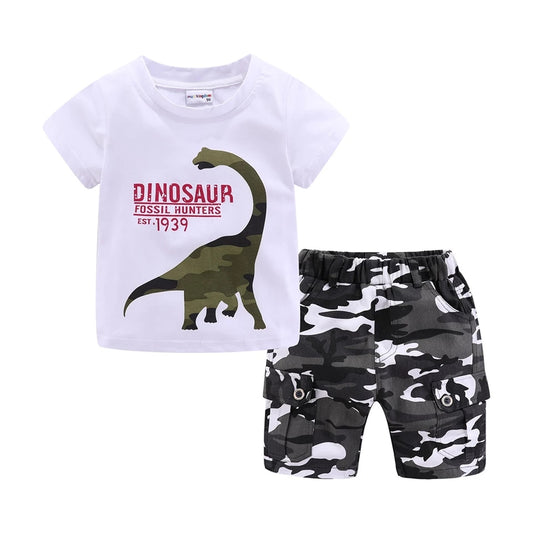 Boys Dinosaur T-Shirt and Chino Camo Short Sets