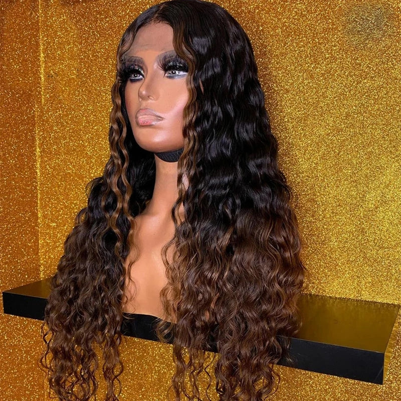 Indian Human Hair Ombre Brown Color Nature Wave Wig Pre Plucked