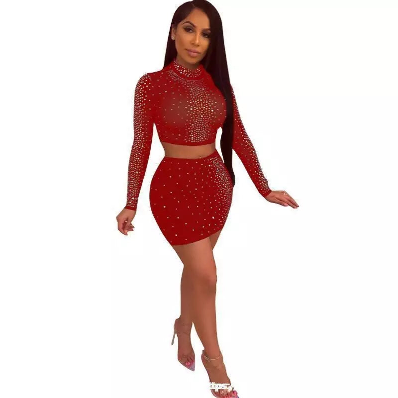 Mesh Rhinestone Two Piece Short Crop Top and Mini Skirts Set