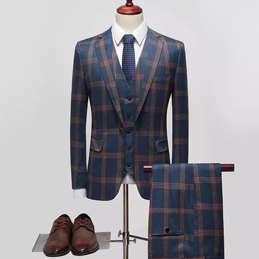 High Quality Business Plaid Slim Fit Formal Dress Blazers Trousers