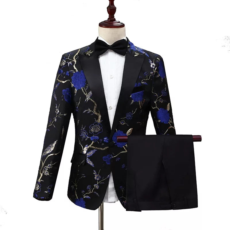 Mens Stylish Embroidery Royal Blue Green Red Floral Pattern Suits