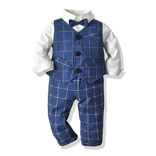 Long Sleeve Bowtie Shirt+Vest+Pant Boys Plaid Outfits Sets