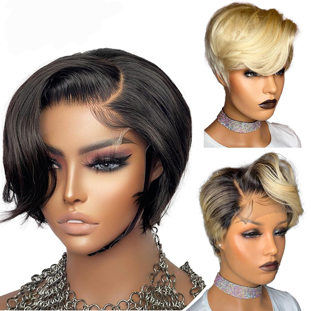 13x6x1 T Part Lace Wig Preplucked Hairline Straight Pixie Wig