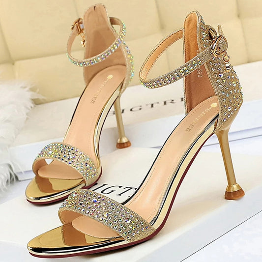 Rhinestone Sexy High Heels Strappy Sliver Gold Wedding Shoes
