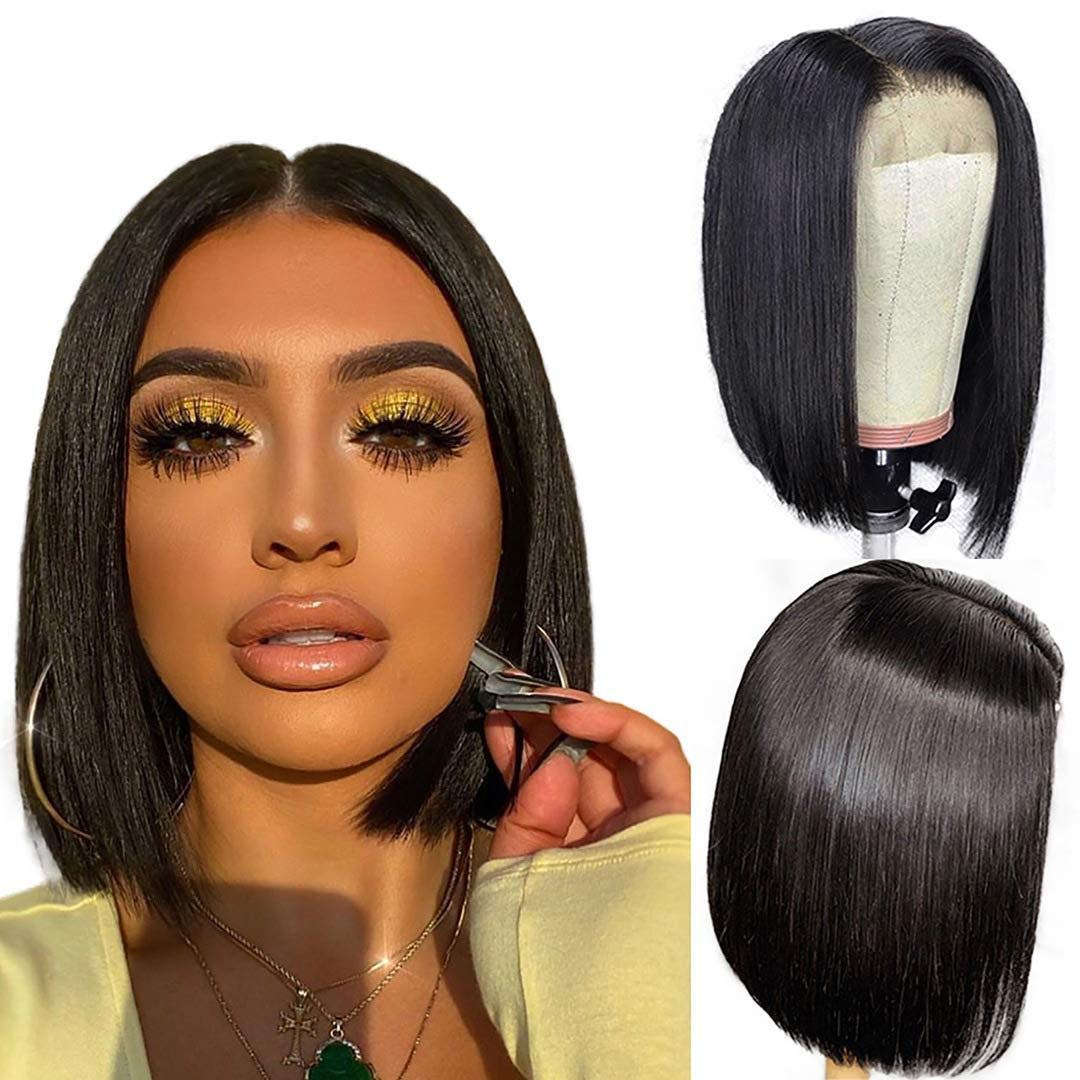Pre Plucked Bleached Knots Lace Closure 4x4 Bob Wig 150% Density Straight Wigs Human Hair