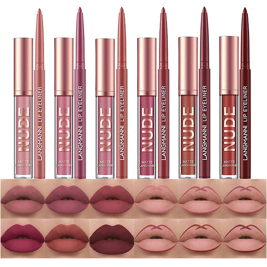 12Pcs Matte Liquid Lipstick + Lip Liner Pens Set, One Step Lips Makeup Kits Pigment Velvety Nude Lip Stain Waterproof Long Wear Lip Gloss