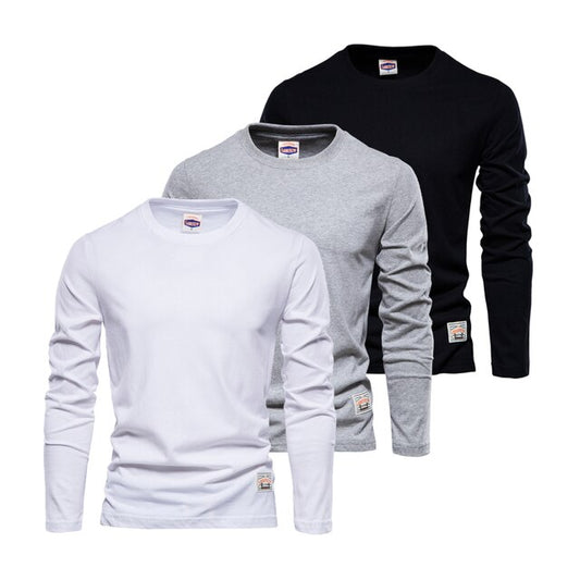 3PCS 100% Cotton Men's Long Sleeve T-Shirt Solid Color O-Neck Autumn Casual T-Shirt Male High Quality Basic Tee for Men