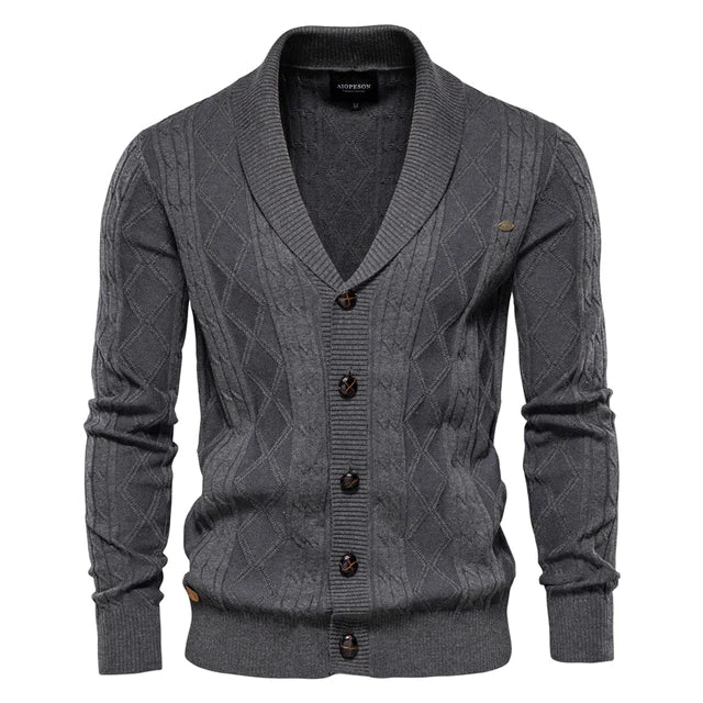 Cotton Argyle Cardigan Men Casual Single Breasted Solid Color Business Mens