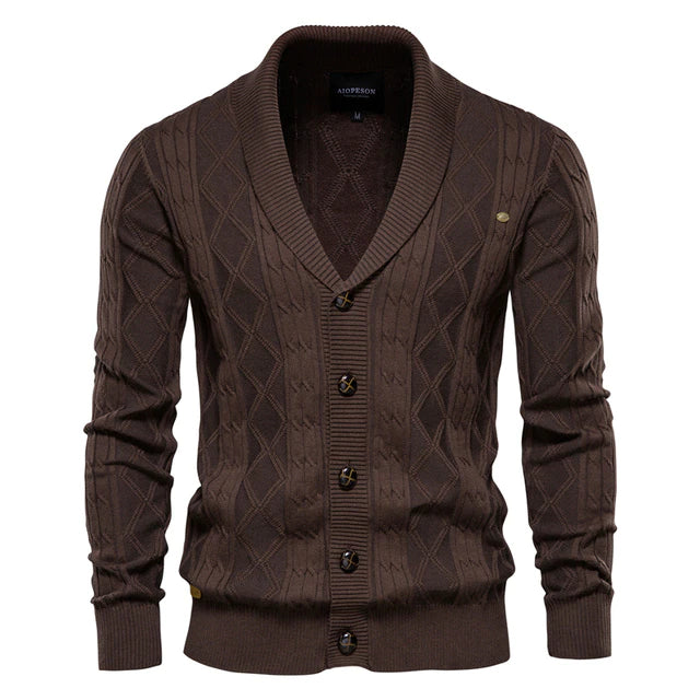 Cotton Argyle Cardigan Men Casual Single Breasted Solid Color Business Mens