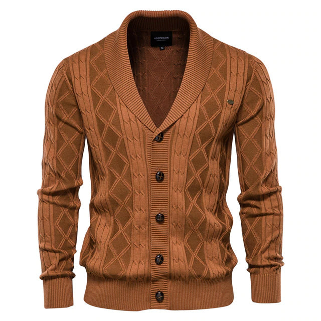 Cotton Argyle Cardigan Men Casual Single Breasted Solid Color Business Mens