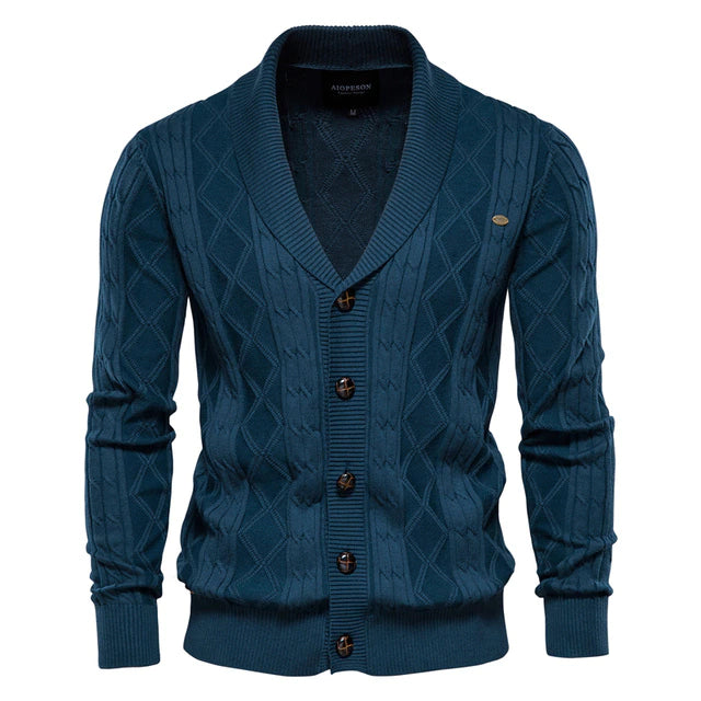 Cotton Argyle Cardigan Men Casual Single Breasted Solid Color Business Mens