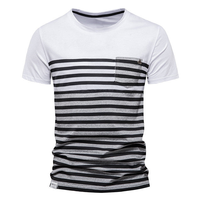 Striped Cotton Men T-shirt O-neck Short Sleeve Slim Fit T Shirt