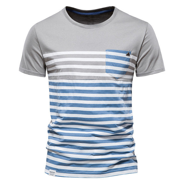 Striped Cotton Men T-shirt O-neck Short Sleeve Slim Fit T Shirt