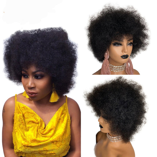 Afro Kinky Curly Short Afro Wigs with Bangs Brazilian Human Hair Wigs