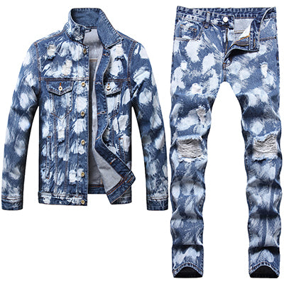 Men's Sets Fashion Slim Tie-dye Denim Coat + Jeans