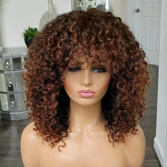 Human Hair Curly Wig For Women Full Machine Made No Lace Wig With Bangs