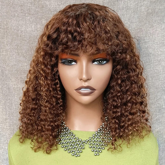 Brown Colored Human Hair Wigs Short Curly Bob Wig