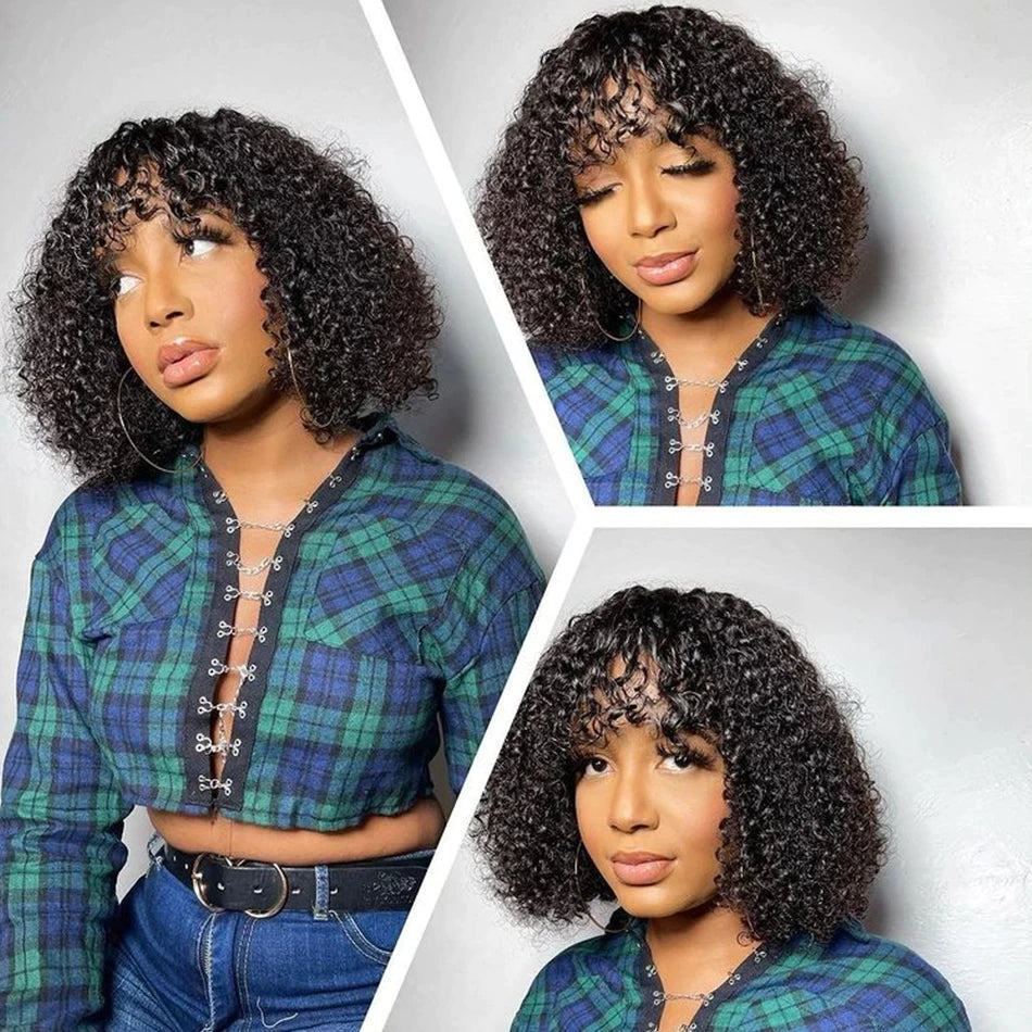 Human Hair Bob Wig Kinky Curly Wig With Bangs