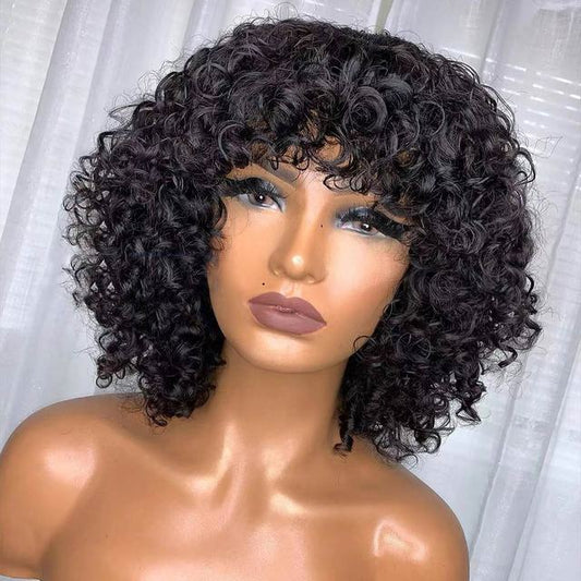 Deep Wave Human Hair Wigs With Bangs Full Machine Made