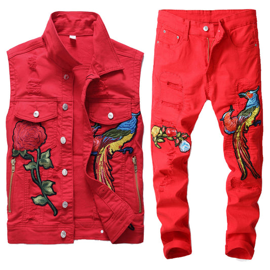 Men's Red Jeans Sets Fashion Autumn Embroidery Phoenix Flower Suit Slim Vest + Pants Mens Clothing 2 Piece Sets