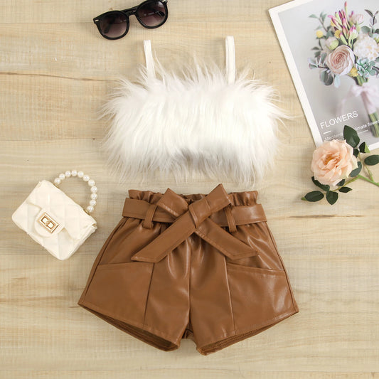 Children Girls Clothing Sets Sleeveless Furry Feather Crop Tops+PU Leather Belt Shorts 2pcs Casual Outfits