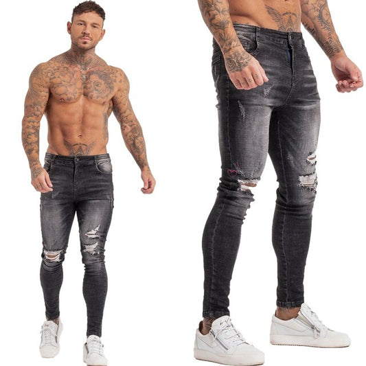 Men Elastic Waist Skinny Jeans Men Stretch Ripped Pants Streetwear Mens Denim Jeans Blue