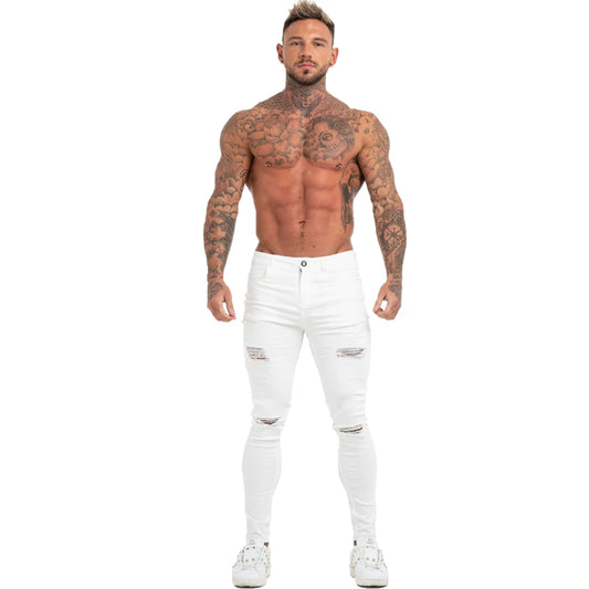 Men Elastic Waist Skinny Jeans Men Stretch Ripped Pants Streetwear Mens Denim Jeans White Trousers Slim Fit