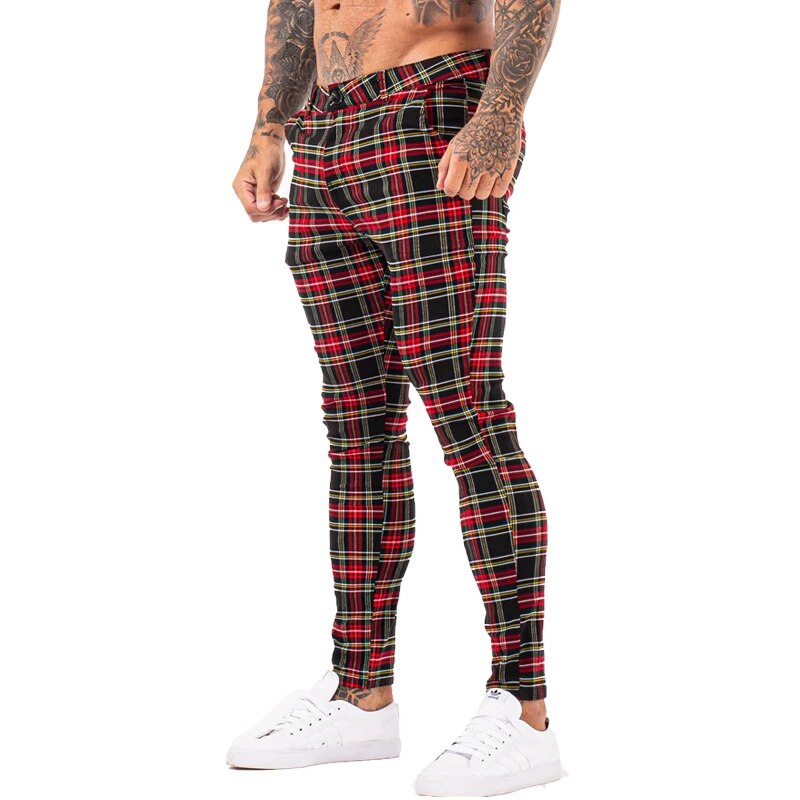 Men Chinos Trousers Skinny Super Stretch Chino Pants Slim Fit Mens Casual Pant Plaid Grey Elastic Waist London Fashion