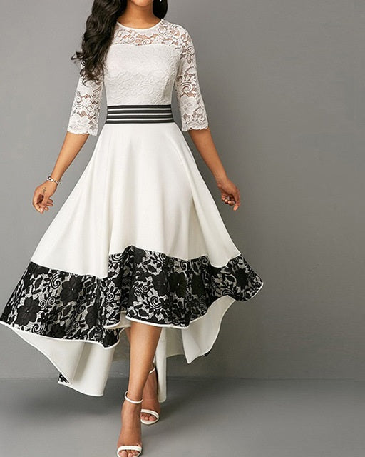 Women's  Elegant Sexy Hollow Out White Lace Long Party Dress