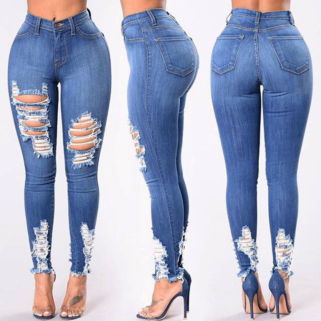 High Waist Jeans Destroyed Knee Holes Pencil Pants Trousers Stretch Ripped
