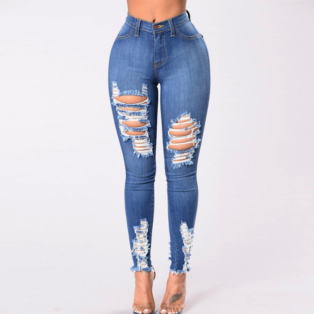 High Waist Jeans Destroyed Knee Holes Pencil Pants Trousers Stretch Ripped