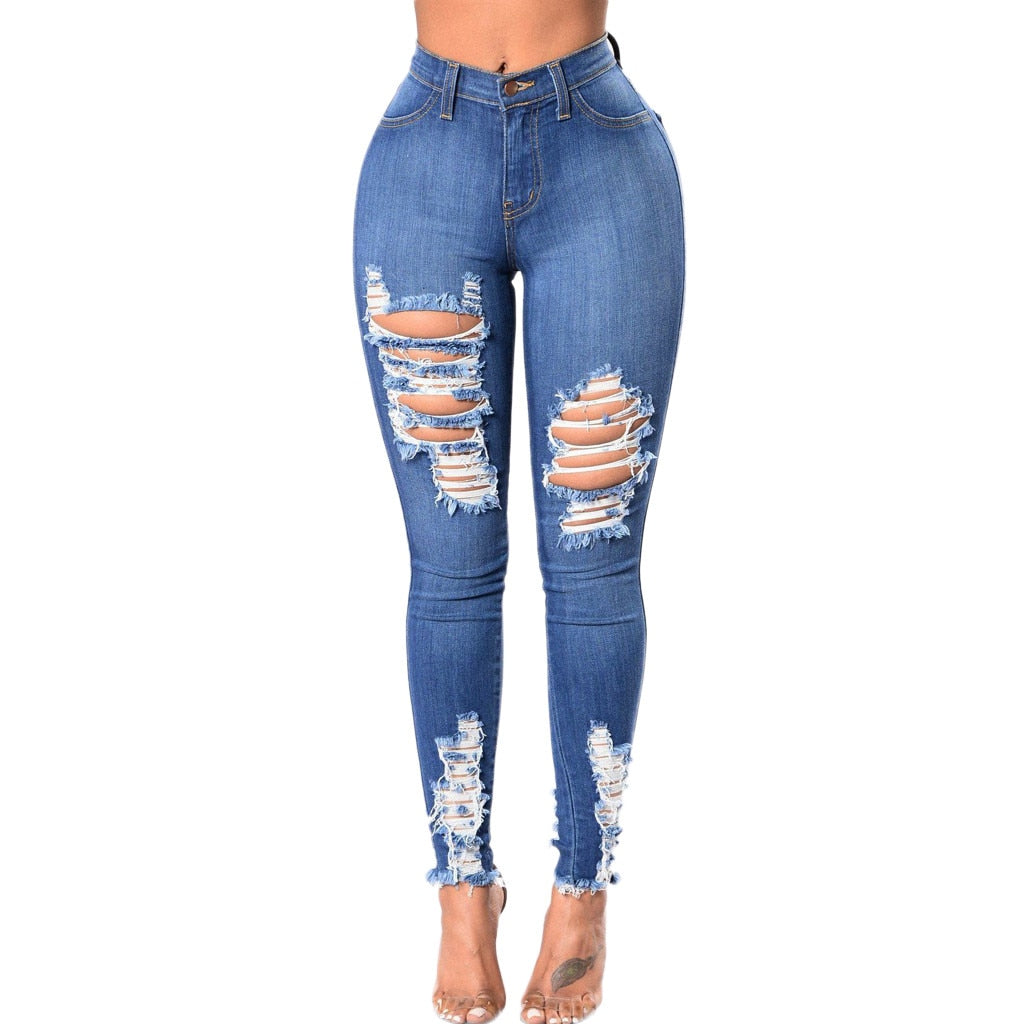 High Waist Jeans Destroyed Knee Holes Pencil Pants Trousers Stretch Ripped