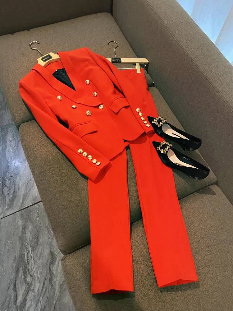 Blazer Suit Set Women's Classic Shawl Collar Lion Buttons Double Breasted Blazer
