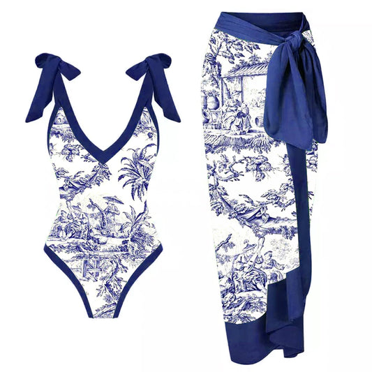 Women Swimsuit Vintage Print Deep V Bikini Kimono