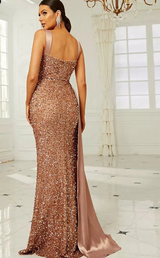 Fashion Sequins Suspender Evening Dresses High Slit Bodycon Women Party Long Dress