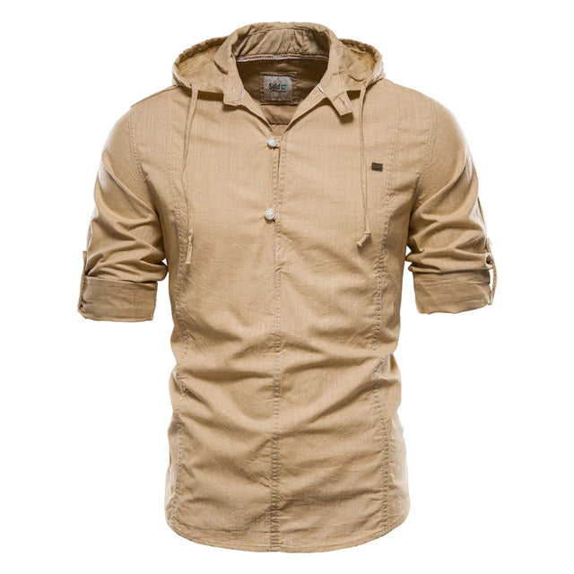 Hoodied Long Sleeve Linen Shirt Men Solid Color 100% Cotton Quality Pullover Shirt