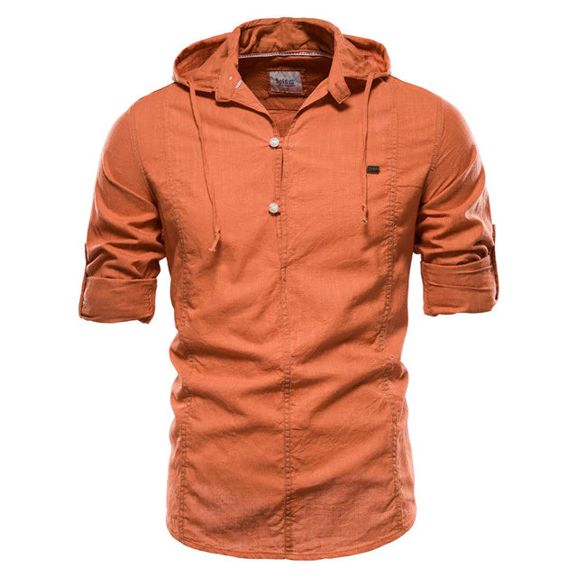 Hoodied Long Sleeve Linen Shirt Men Solid Color 100% Cotton Quality Pullover Shirt