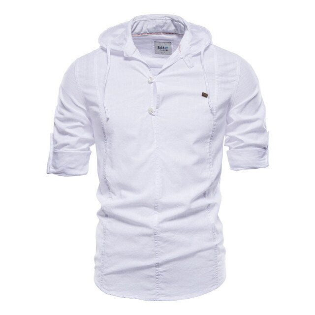 Hoodied Long Sleeve Linen Shirt Men Solid Color 100% Cotton Quality Pullover Shirt