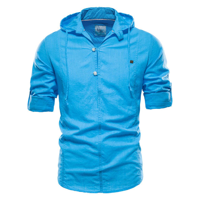 Hoodied Long Sleeve Linen Shirt Men Solid Color 100% Cotton Quality Pullover Shirt